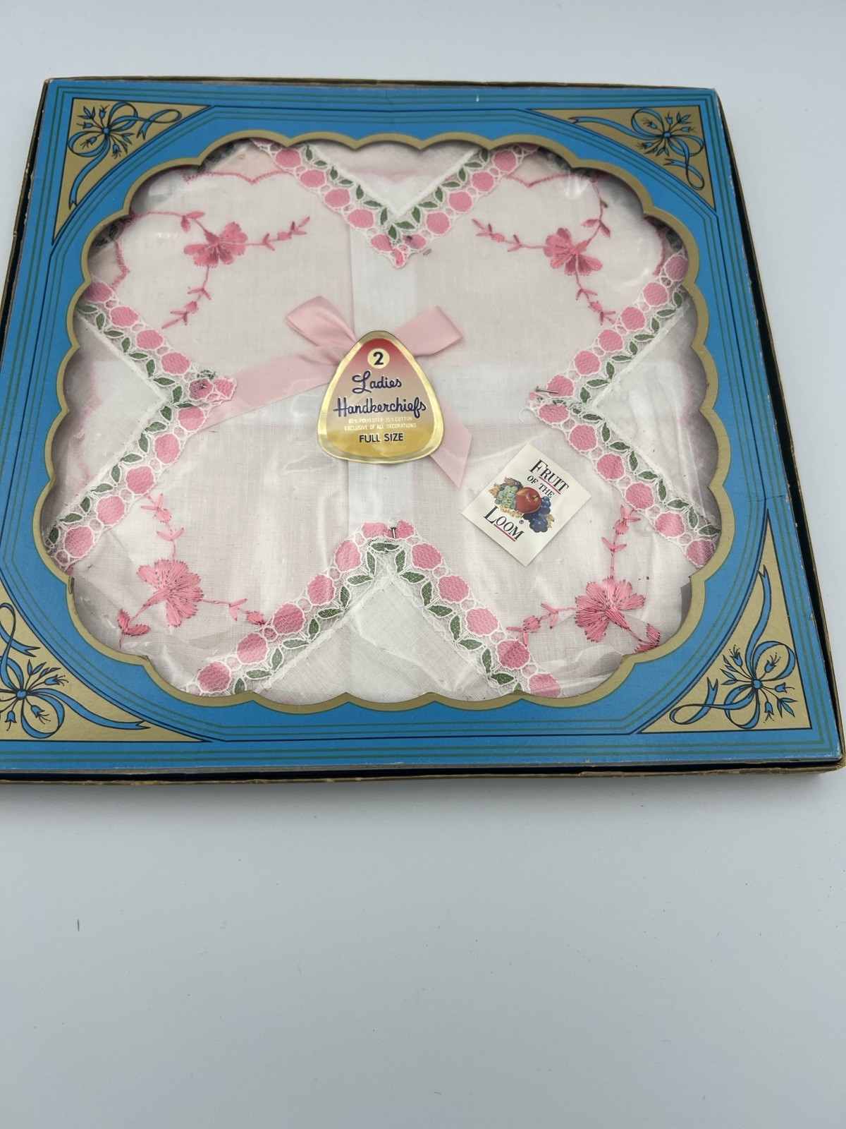 Vtg Fruit Of The Loom 2 Ladies Floral Lace Linen Handkerchief NOS Grannycore