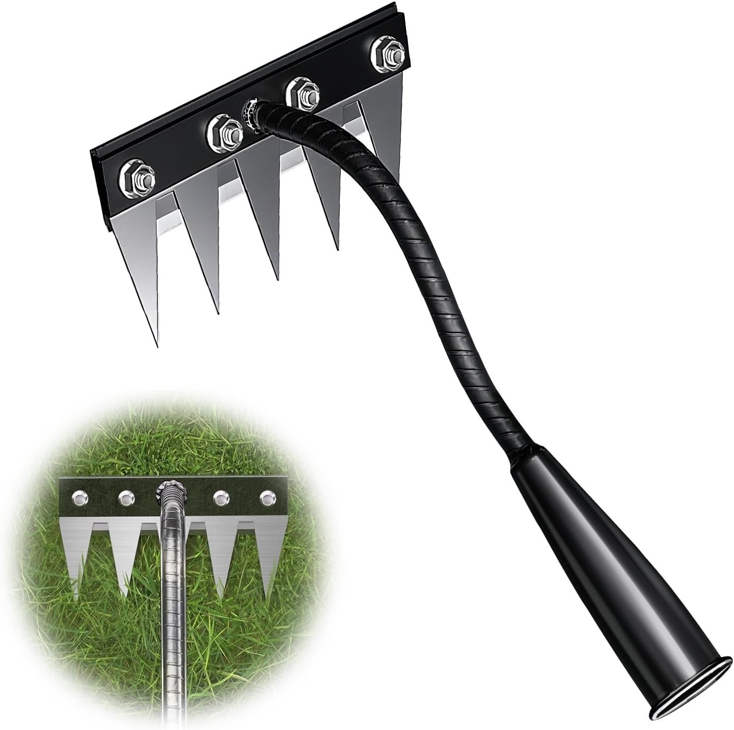 Iron Weeding Rake, 5-Teeth Detachable Gardening Hand Weeder Tool with Ergonomic