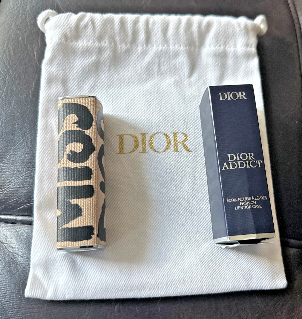 DIOR Parfums Addict Miss Dior Lipstick CASE & Dust Bag Graffiti Logo Wild Beige