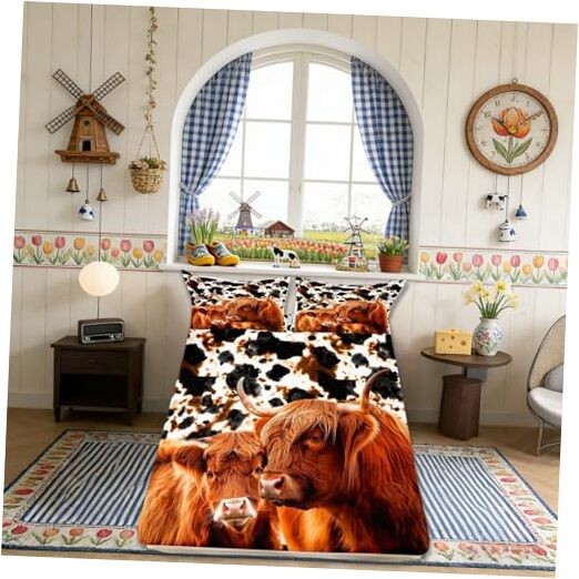  Highland Cow Fitted Sheet Twin Size, Ink Milk Cow TWIN (W39*L75*H16") Multi 01