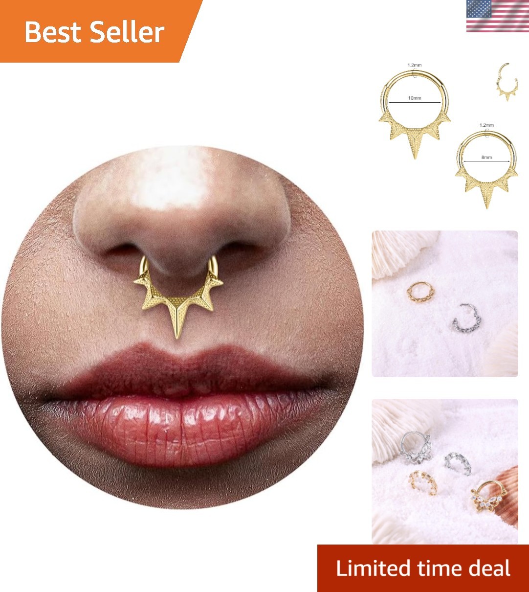 16G Septum Ring Dainty Nose Rings Hoops 316L Surgical Steel Clicker Daith Hin...