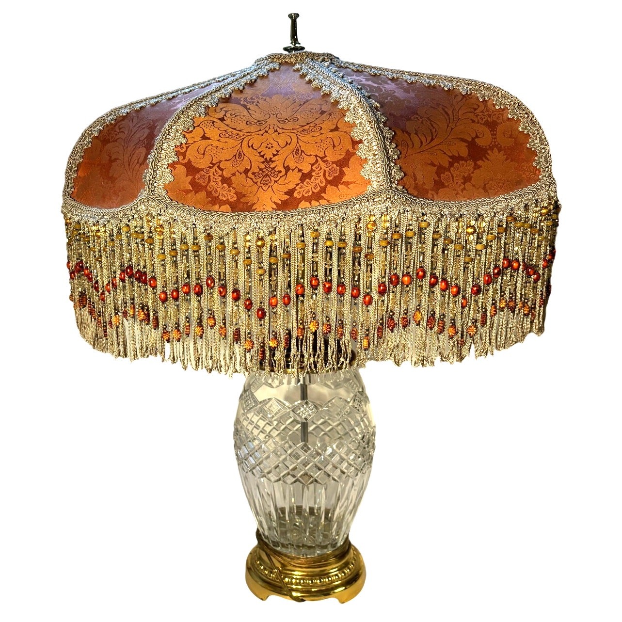Burnt Orange Romantic Victorian Style Table Parlor Lamp Brocade Tassels Glass