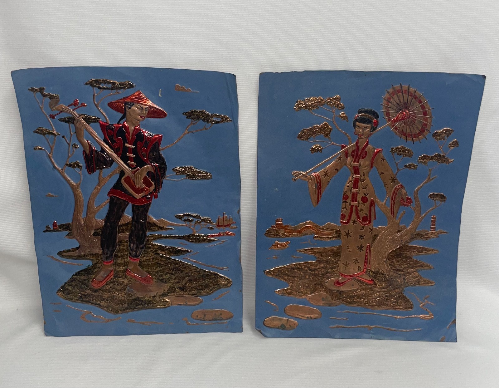 Pair of Copper Embossed Handmade Asian Female & Male Not Framed