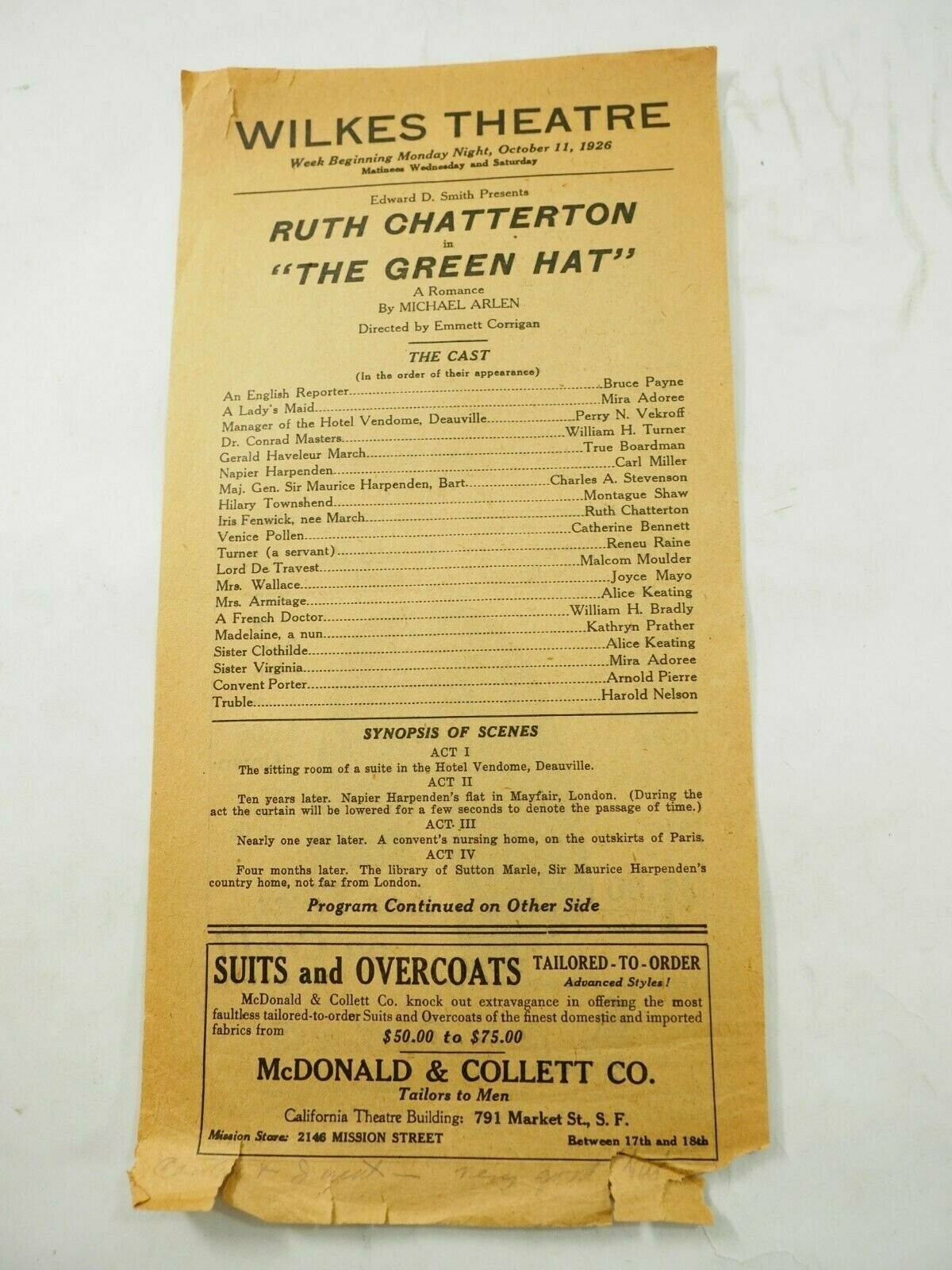 Wilkes Theatre "The Green Hat" Program Hand-Bill California Oct.11,1926