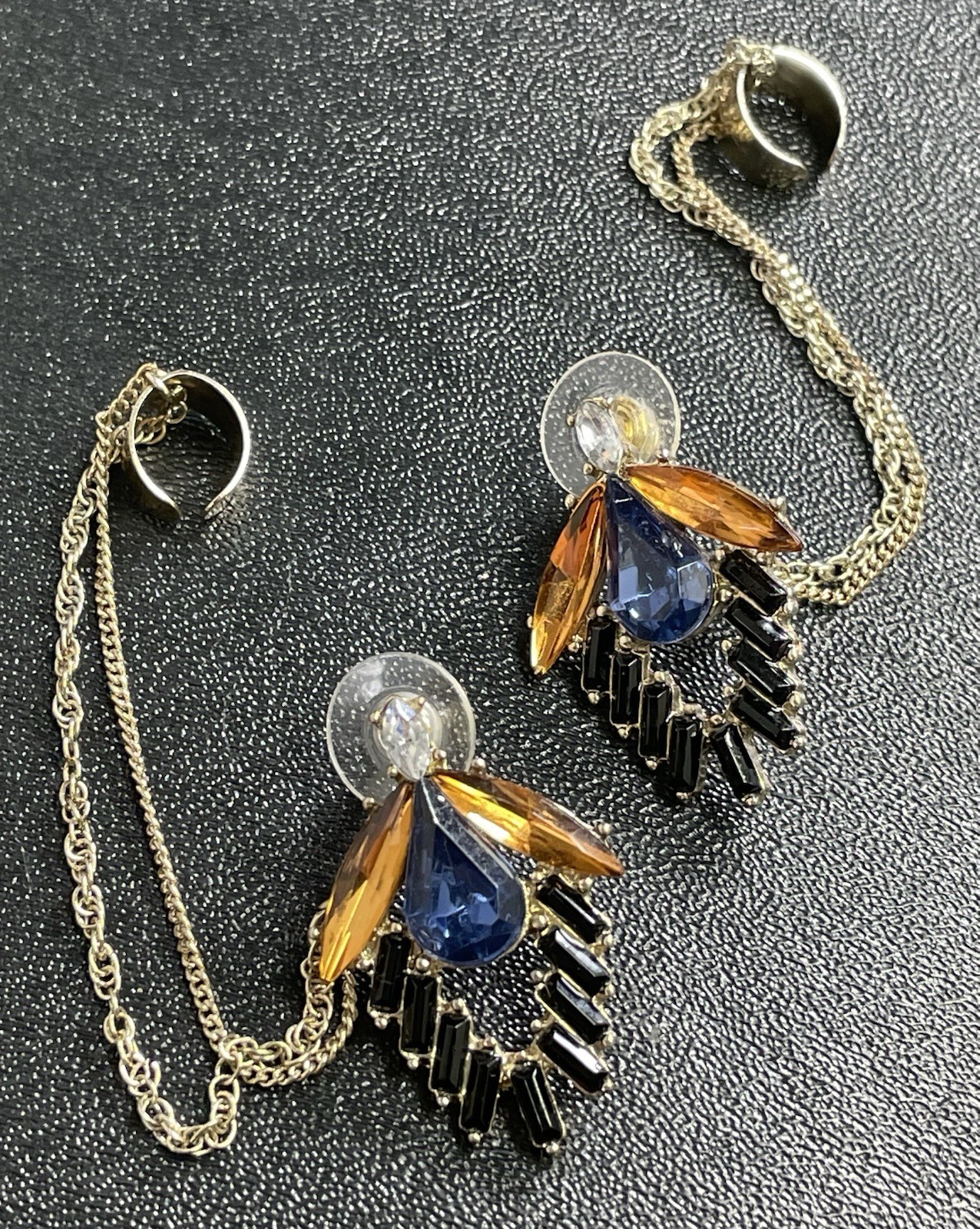 Vintage Blue & Amber Crystal Rhinestone Gold Tone Chain Cuff Earrings