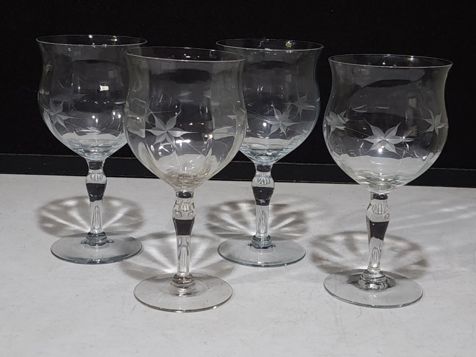 4 - Weston Tall Clear Etched Water or Wine Glasses Gray Cut Floral Smooth Stem