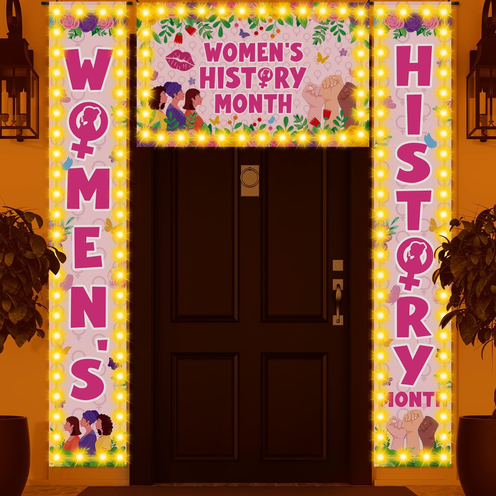 VitalCozy 3 Pcs Lighted Women's History Month Porch Sign Banner pink 