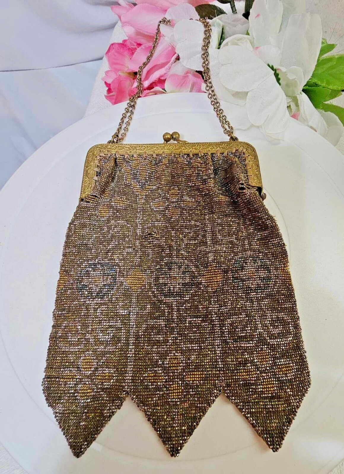 Antique vtg Evening bag purse Micro Metallic? Beads Mesh Style Heavy 8.8oz -READ