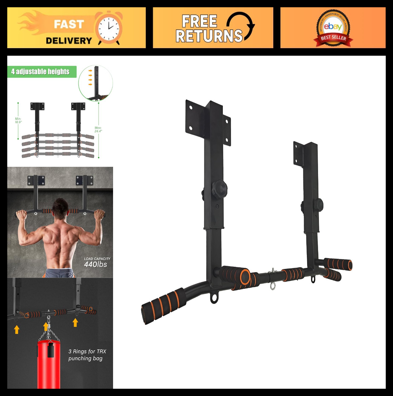 Wall Mount Pull Up Bar for Home Gym - Chin-Up & Body Press Fitness Equipment