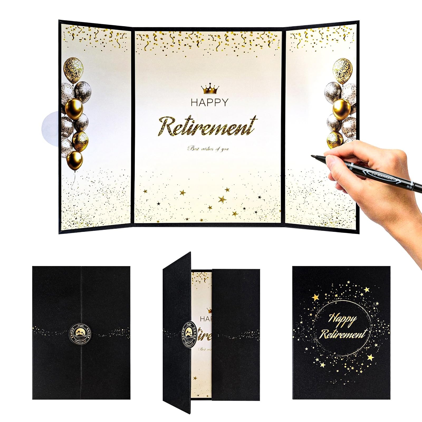Black Gold Retirement Guest Book with Dual-Tip Pen, Large Signature Board for...