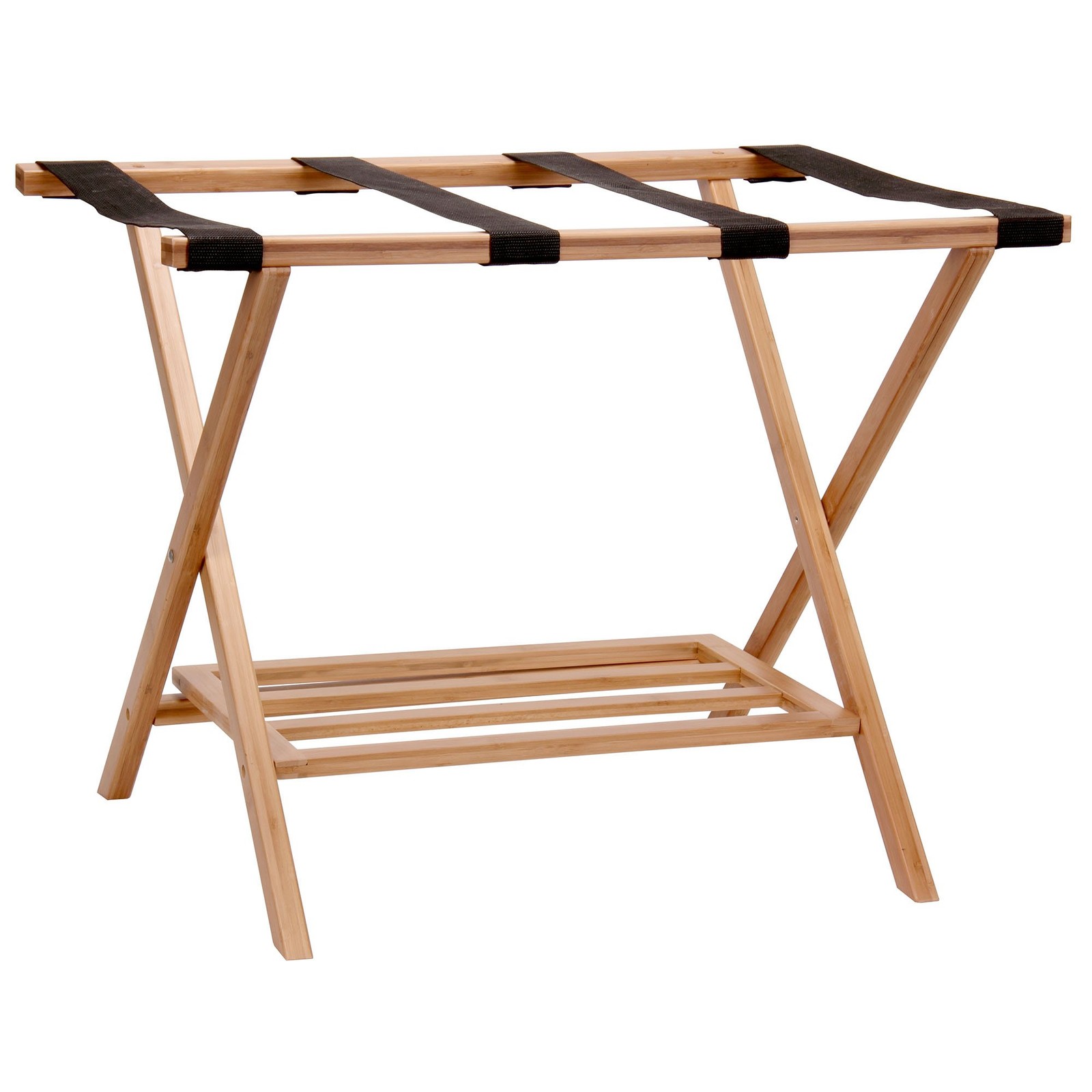 Fully Assembled Folding Luggage Rack with Lower Storage Shelf | Bamboo Frame ...