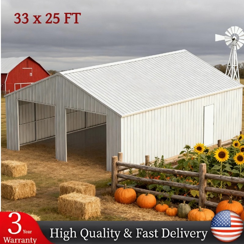 33x25FT Outdoor Garage Barn Shed Galvanized Steel Carport Storage Shed w/2 Doors