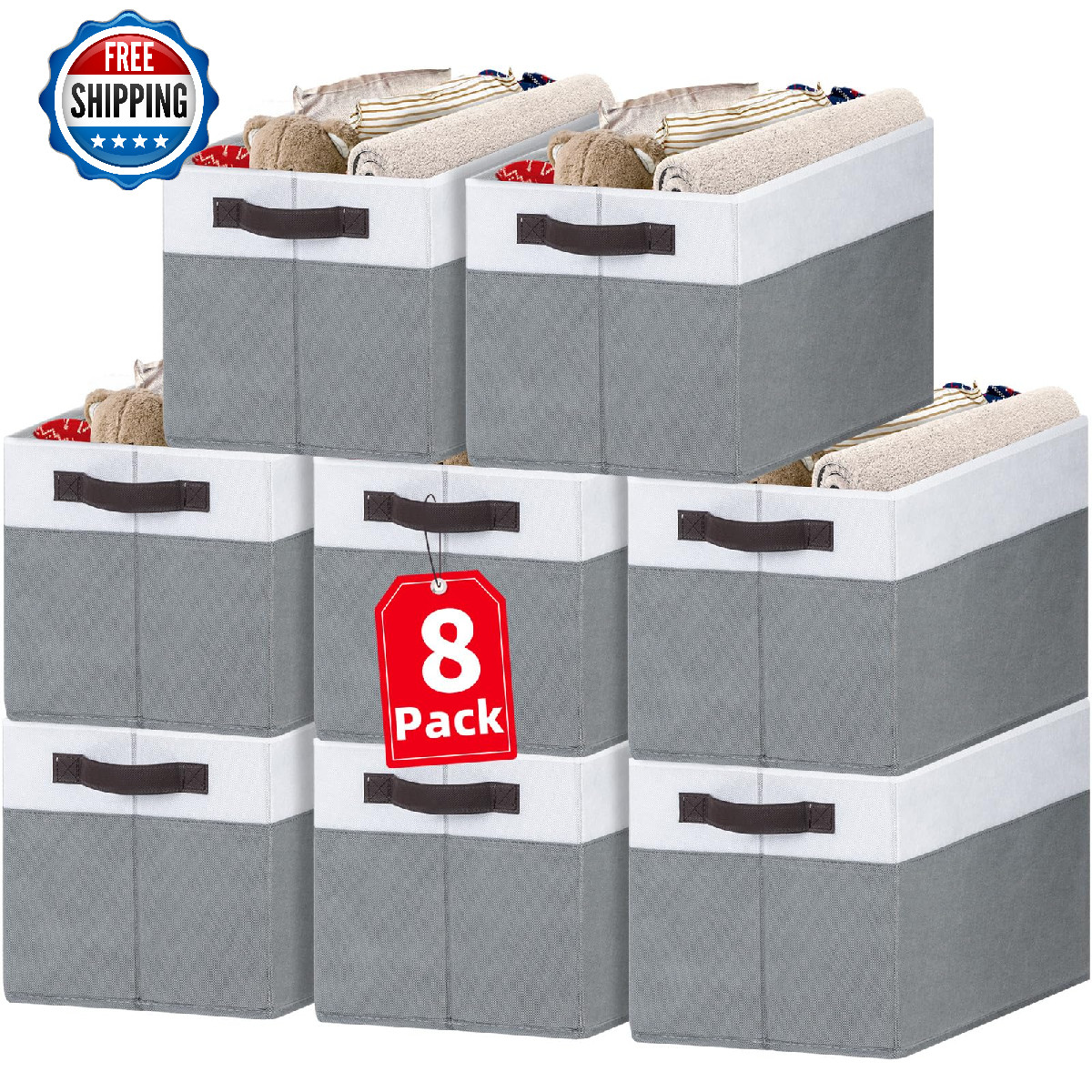 Criusia 8-Pack Large Fabric Storage Bins for Closet, Shelves - 14x10x9.5"