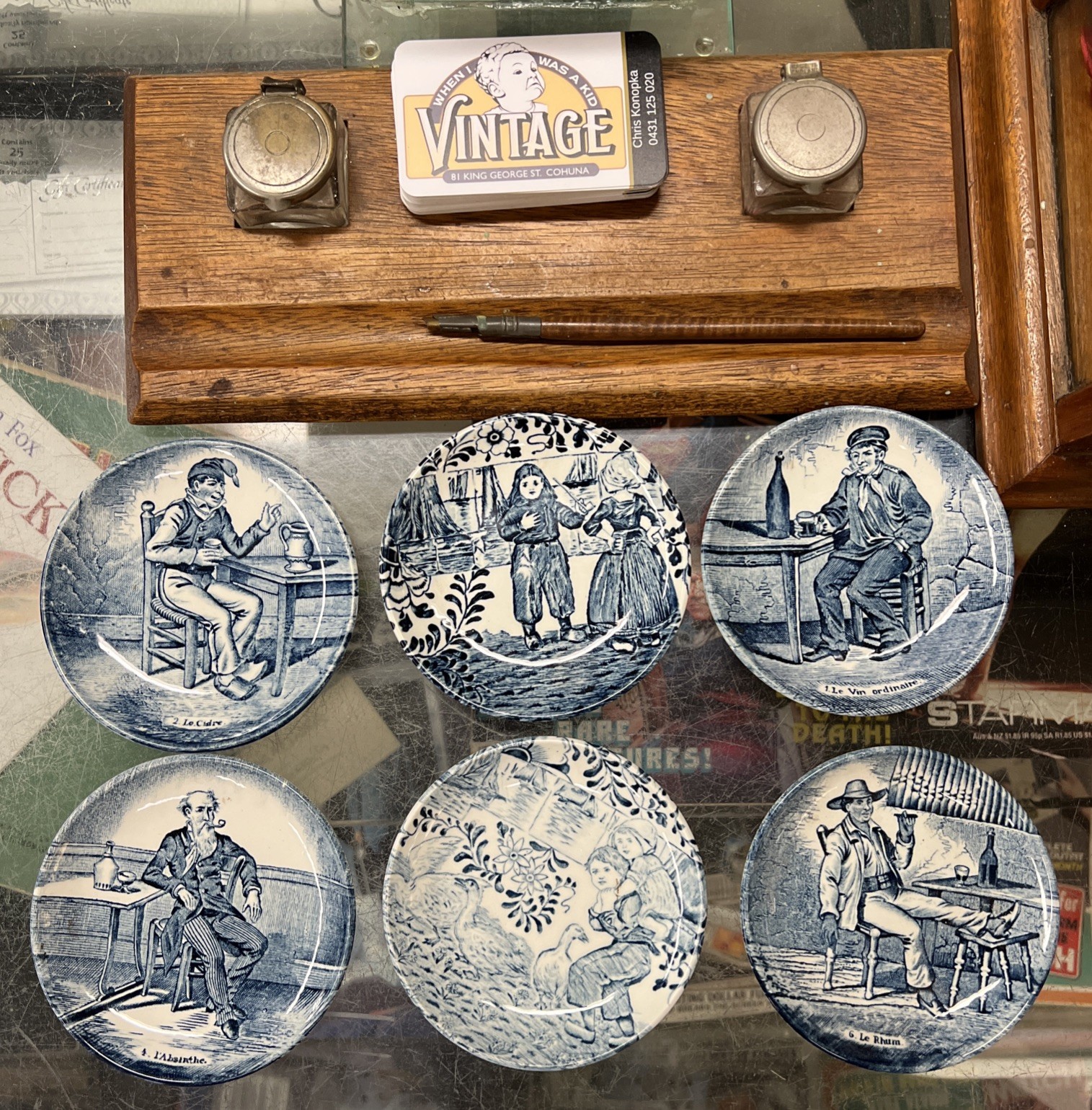 Lot Of  6 Bosh Blue And White Pin Dishes