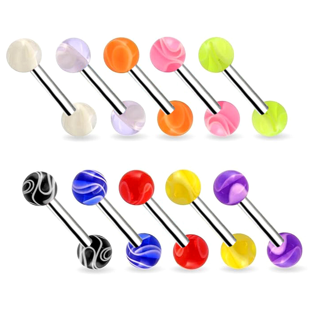 6X MARBLE Acrylic Ball Surgical Steel Bar Barbell Tongue Ring Piercing Jewelry