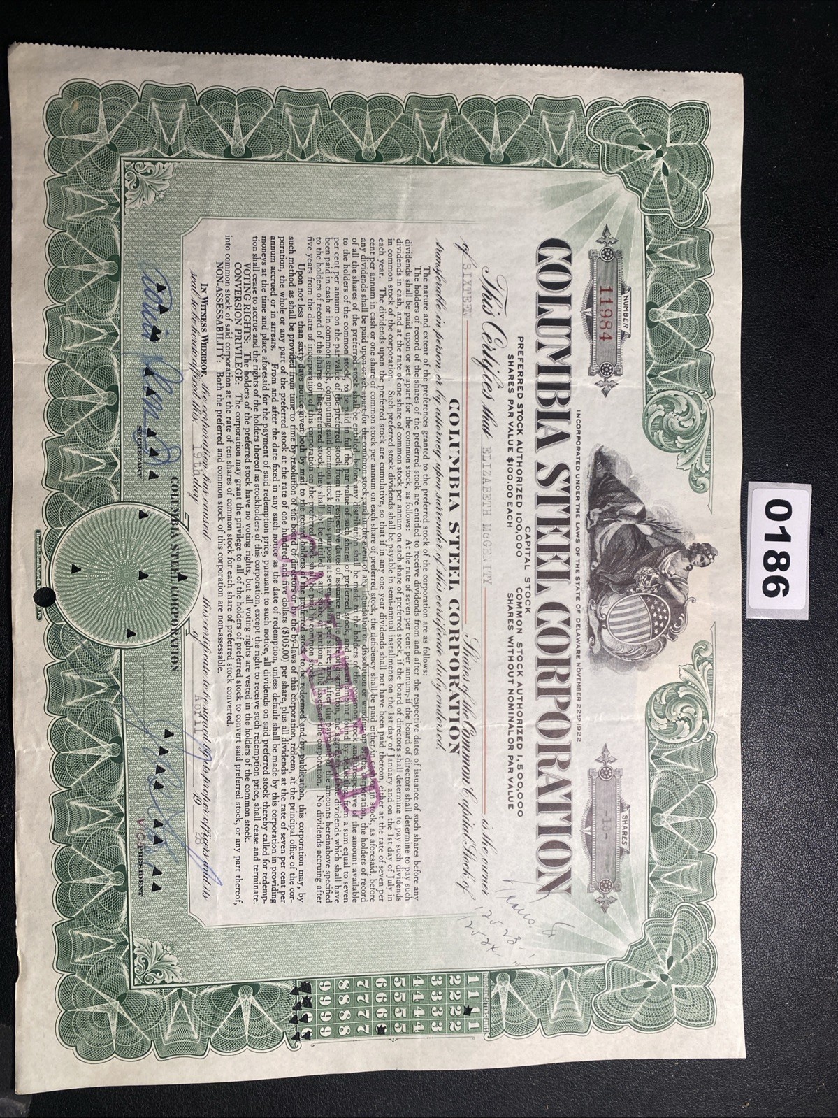 COLUMBIA STEEL CORPORATION Stock Certificate 1928 0186
