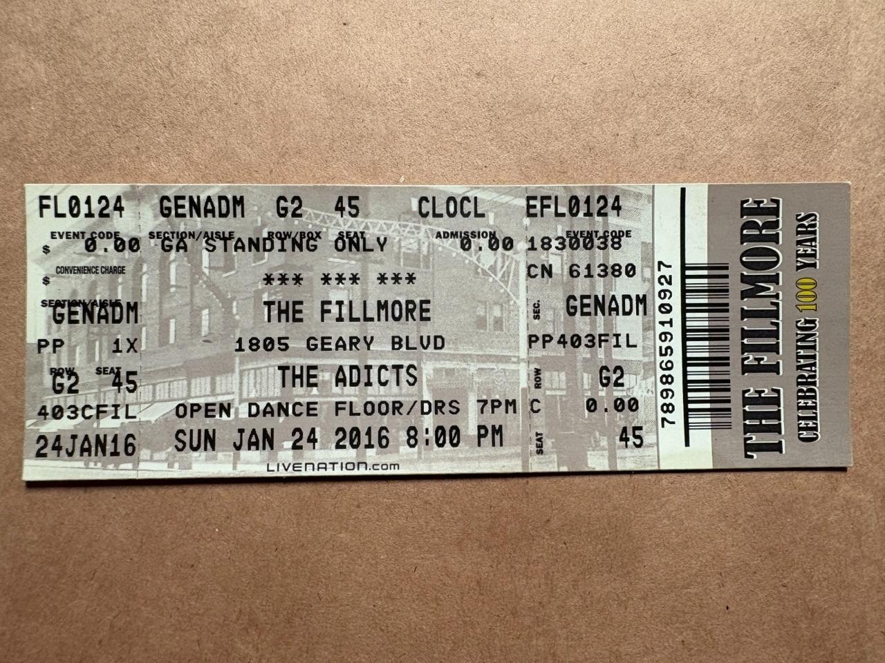 THE ADICTS Concert Ticket Stub Fillmore SF 2016 punk buzzcocks damned toy dolls