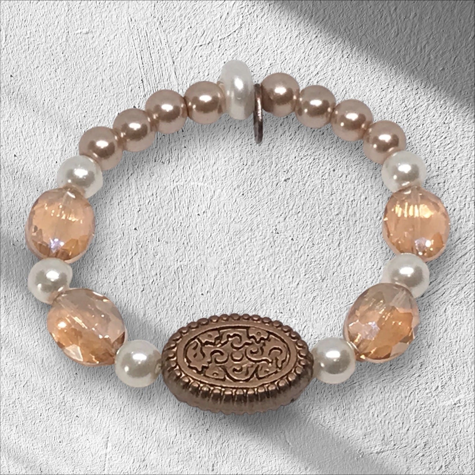 Handmade Bracelet Elegant Champagne & White Glass Pearls Stretchy Statement