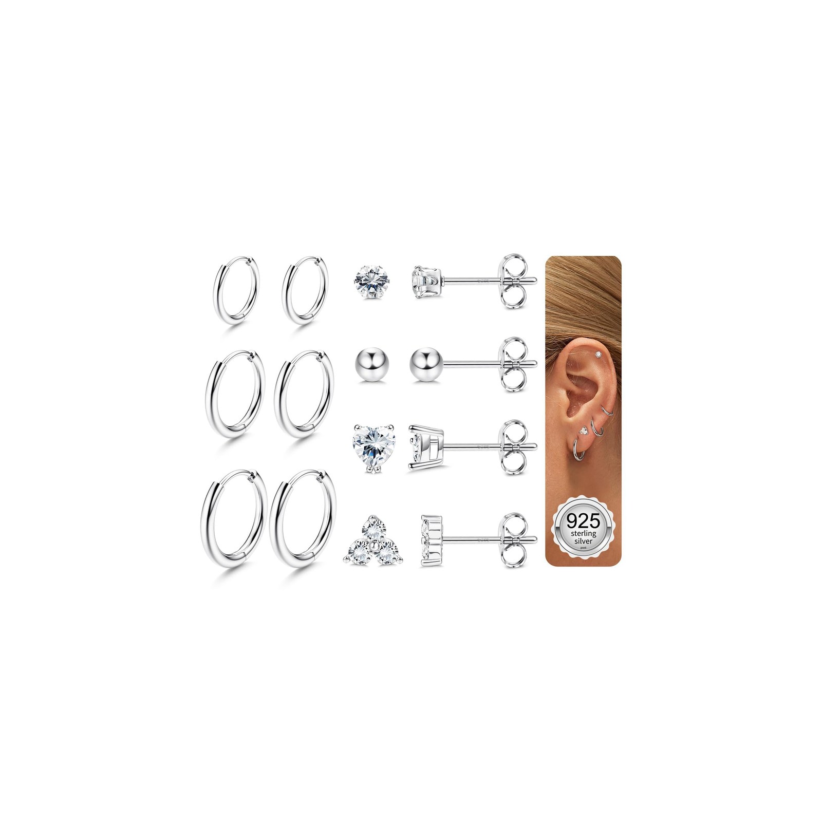 Sterling Silver Post Huggie Hoop Earrings Studs Set for Small, Silver-tone 