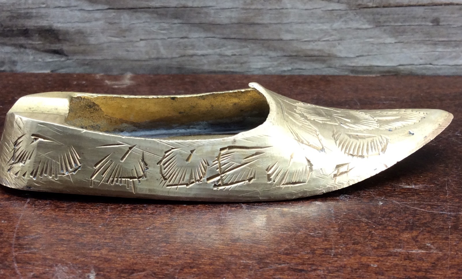Solid Brass Slipper Ashtray Small 3.25" Etched Decorative Shoe Vintage India