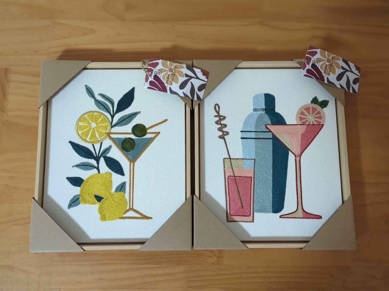 New 2pc Set Woven Embroidered Bar Canvas Wall Art Framed 12 x 14.5” BP Home NWT