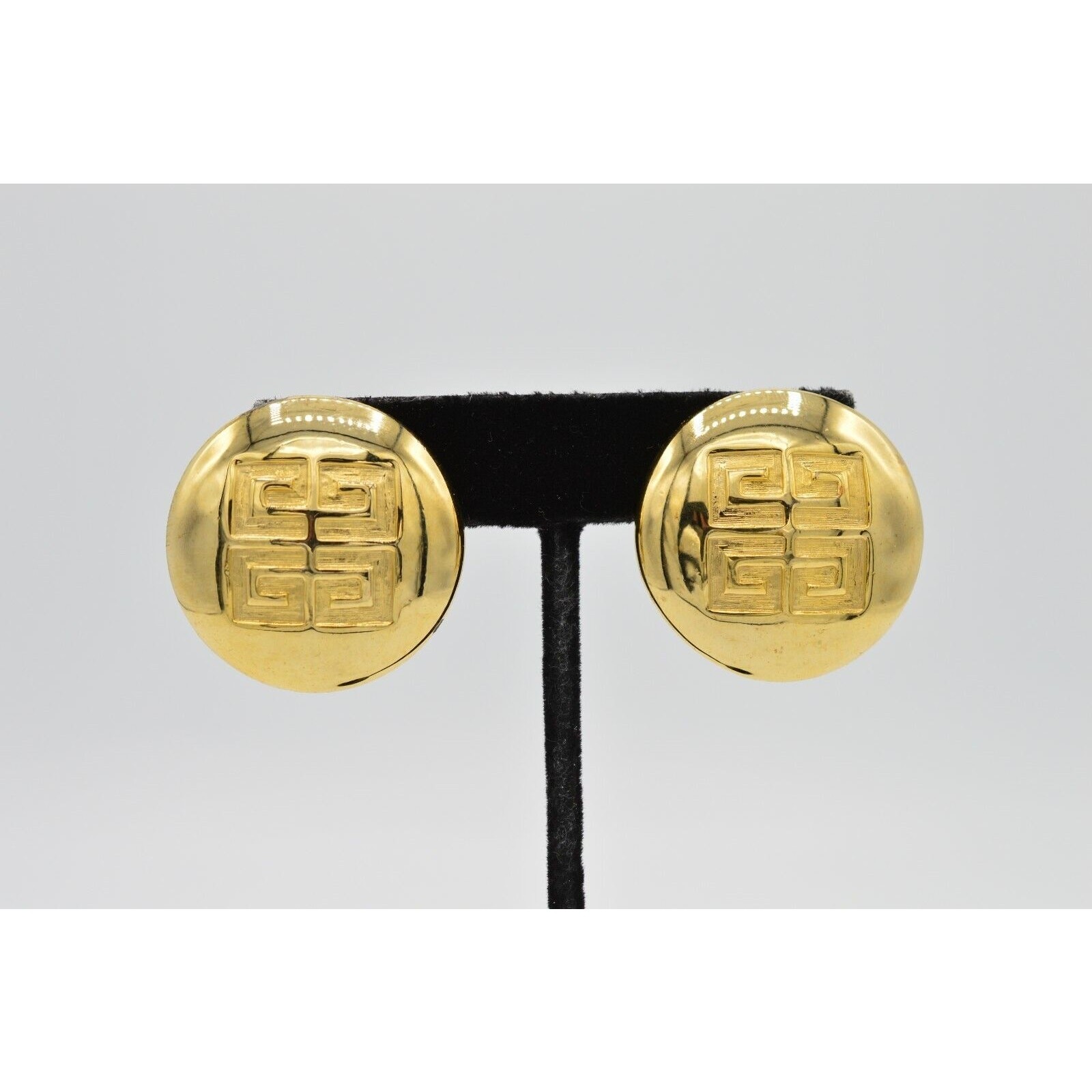 Givenchy Vintage Logo Clip On Earrings 4G Gold Round Chunky Signed 1980s BnS