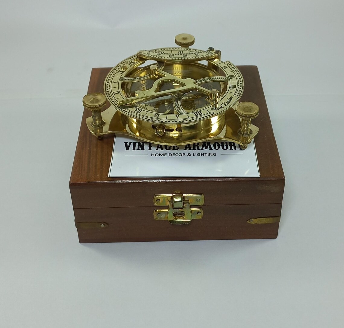 Vintage Brass Sundial Compass with Wooden Box – Nautical Maritime Navigational