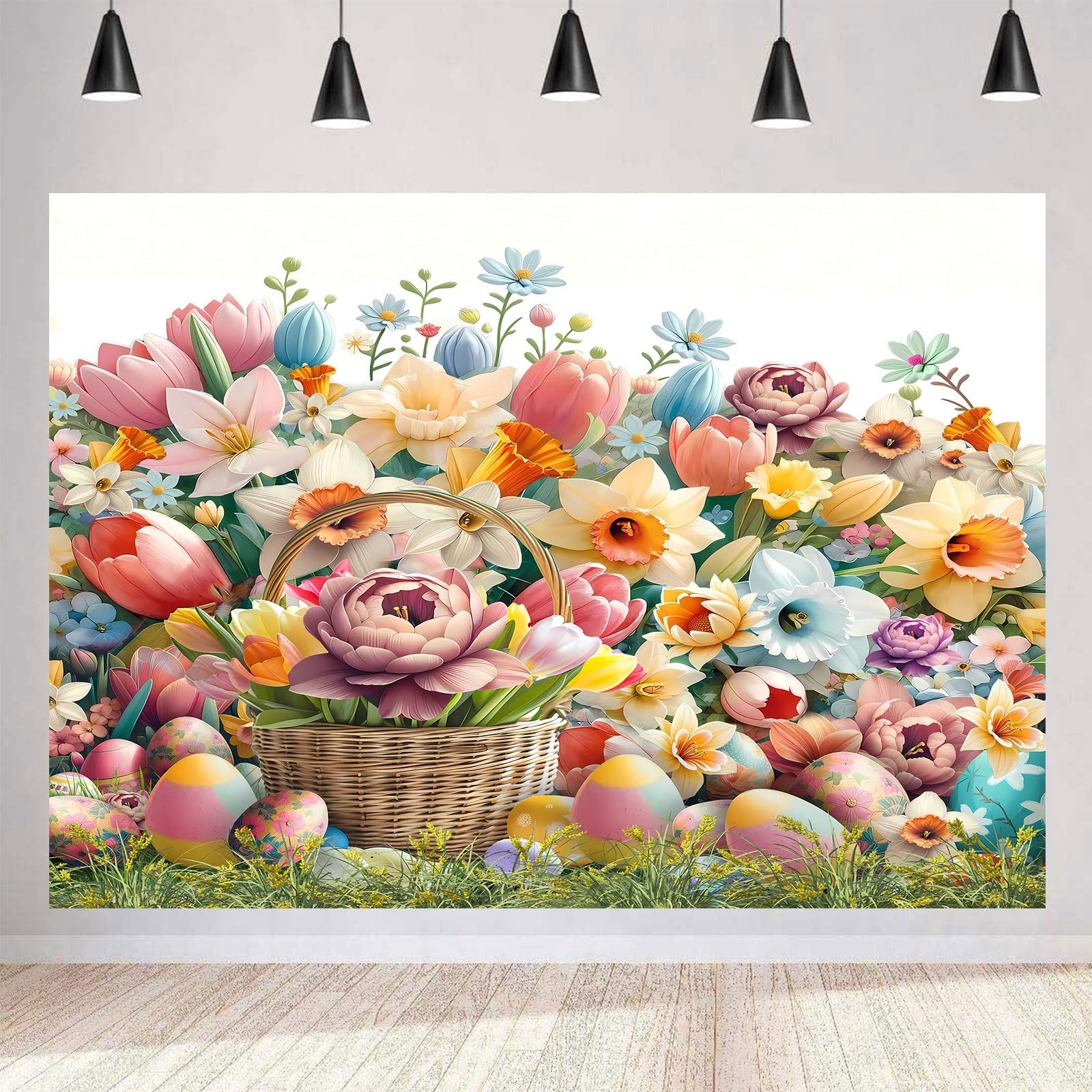 9x6FT Easter Background Cloth Egg Bright Colorful Floral Photography Backdrop