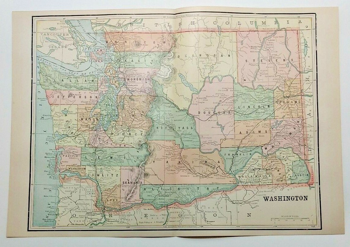 Vintage 1894 WASHINGTON Atlas Map Old Authentic Antique Encyclopedia Britannica 