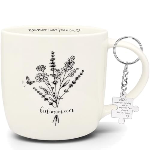 Best Coffee Mug Flower 12 Ounce Ceramic, Keychain for Women, Best Ever Mom