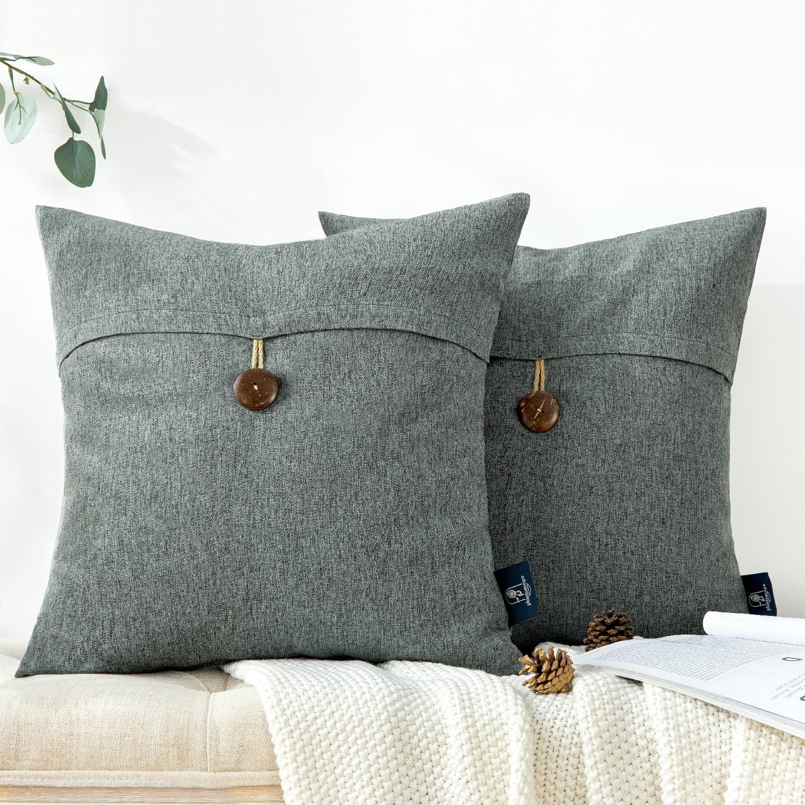 Pack of 2 Farmhouse Throw Pillow Covers Button Vintage Linen Decorative Pillo...