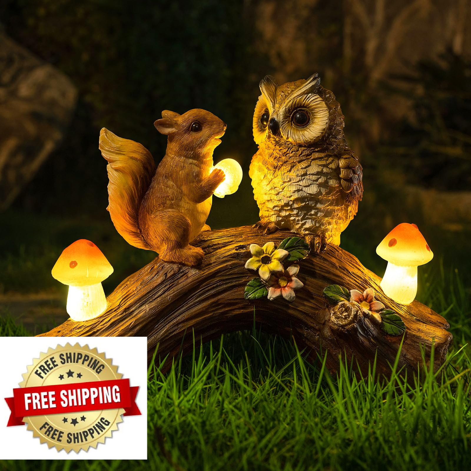 WONDHOME Solar Owl Squirrel Figurine Garden Statue Outdoor Decor LED Mushroom Li