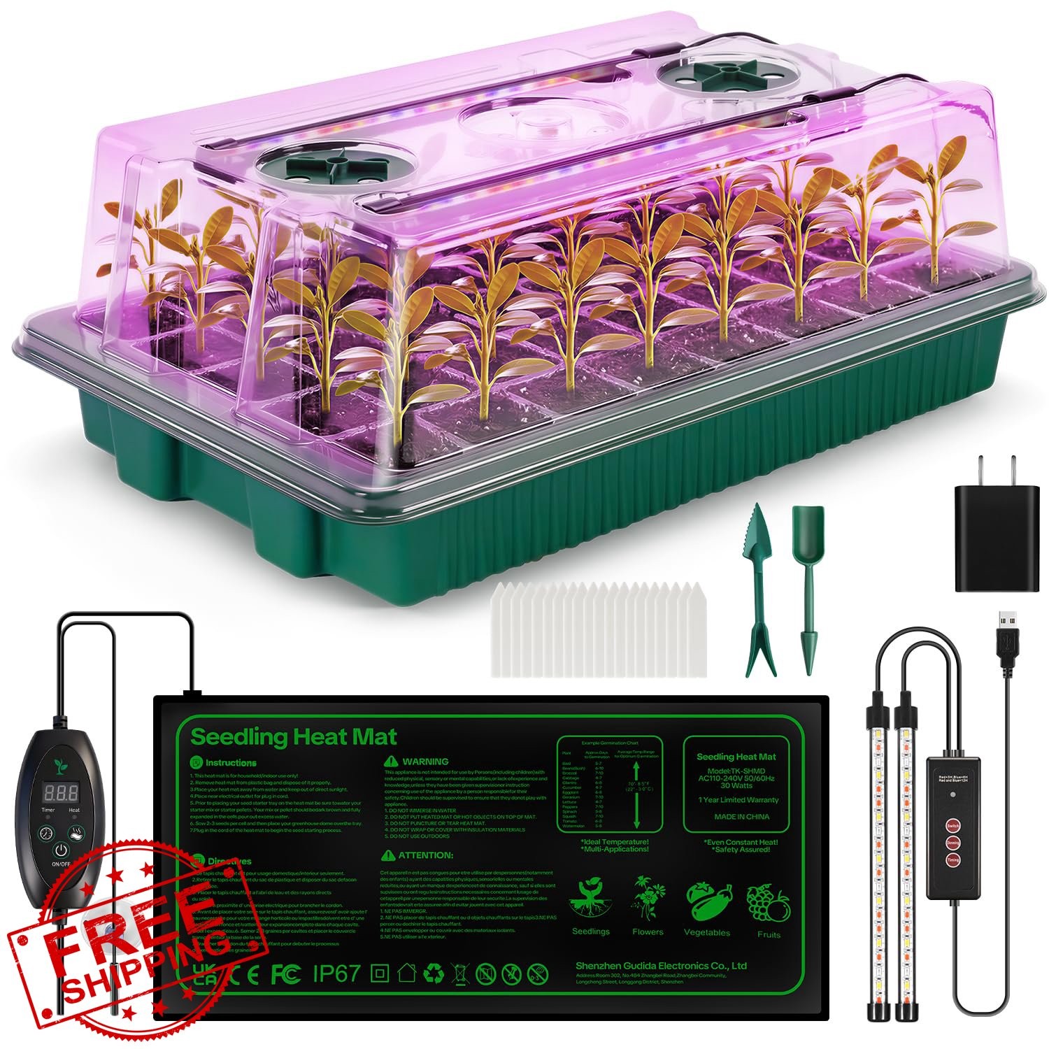 Qmioti Seed Starter Tray Grow Light Heating Mat Digital Control 40-Cell