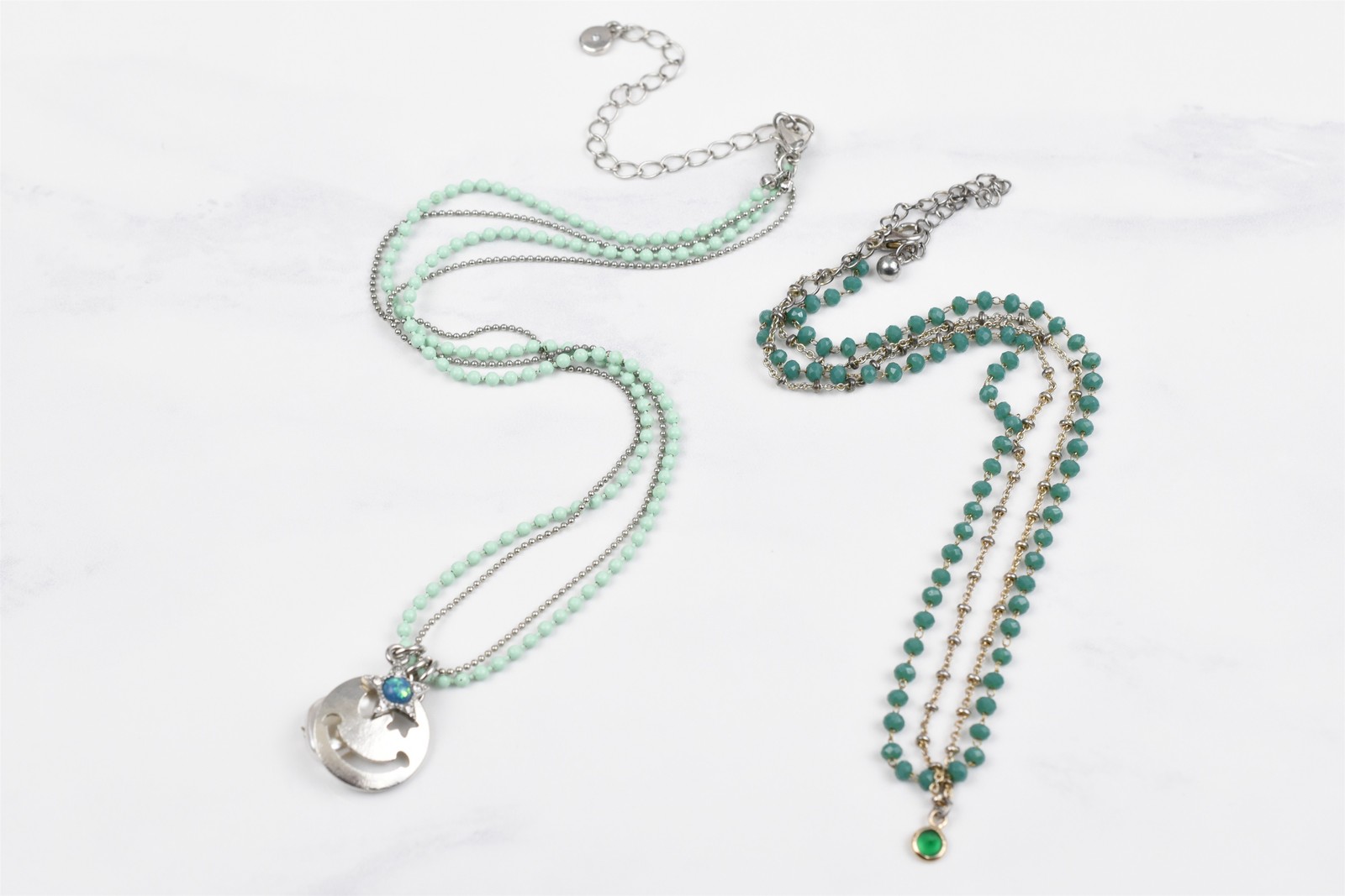 Handmade Studio 2 Delicate Necklace Lot Green Crystal Chain + Enamel Dangle 19in