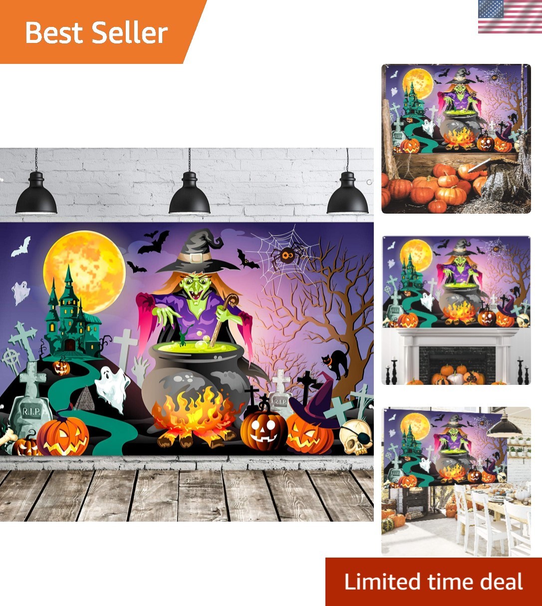 Halloween Photography Backdrop Mural Witches Backdrop Tomb Pumpkins Bat Spide...