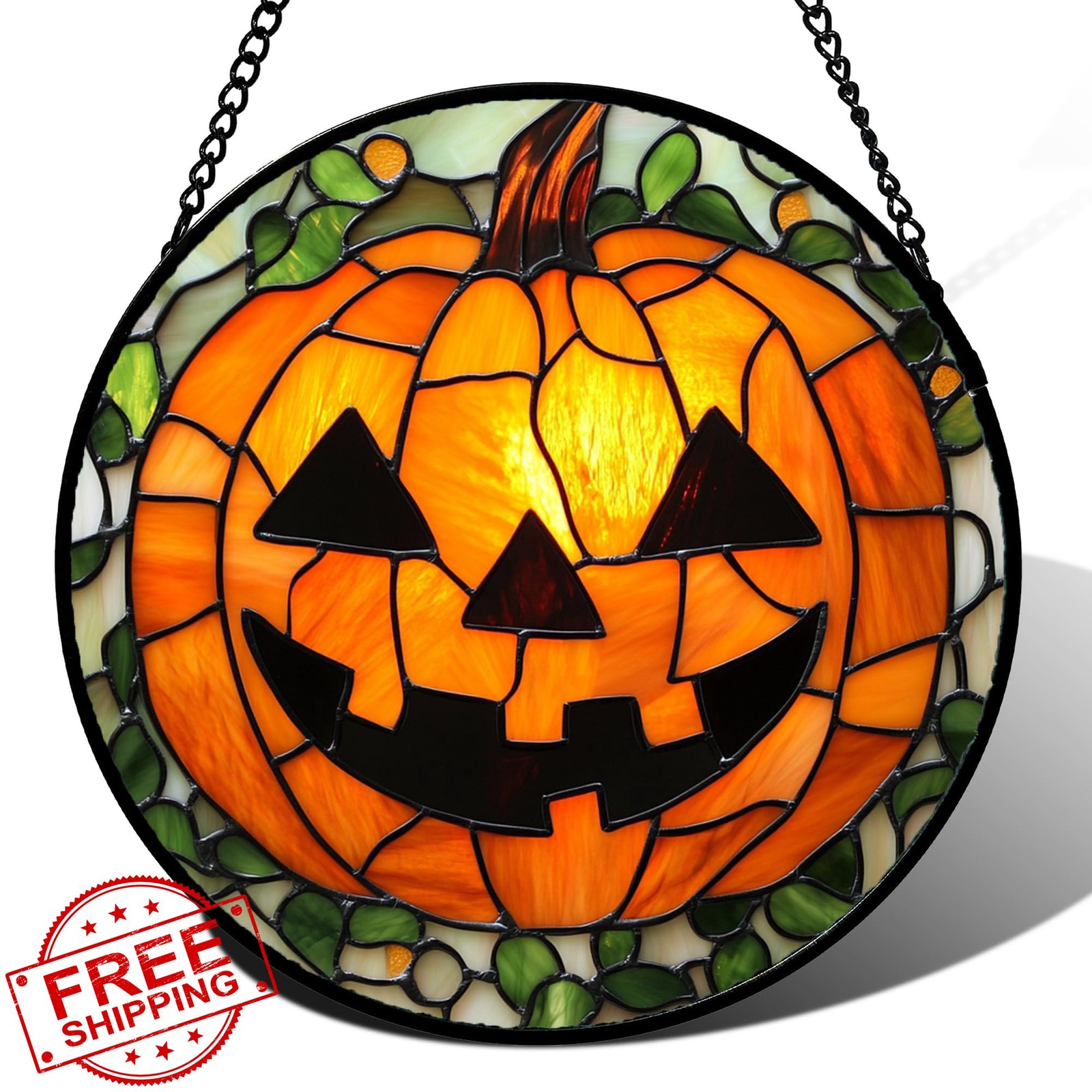 JOSUMALY Halloween Evil Pumpkin Stained Glass Window Hanging Decor