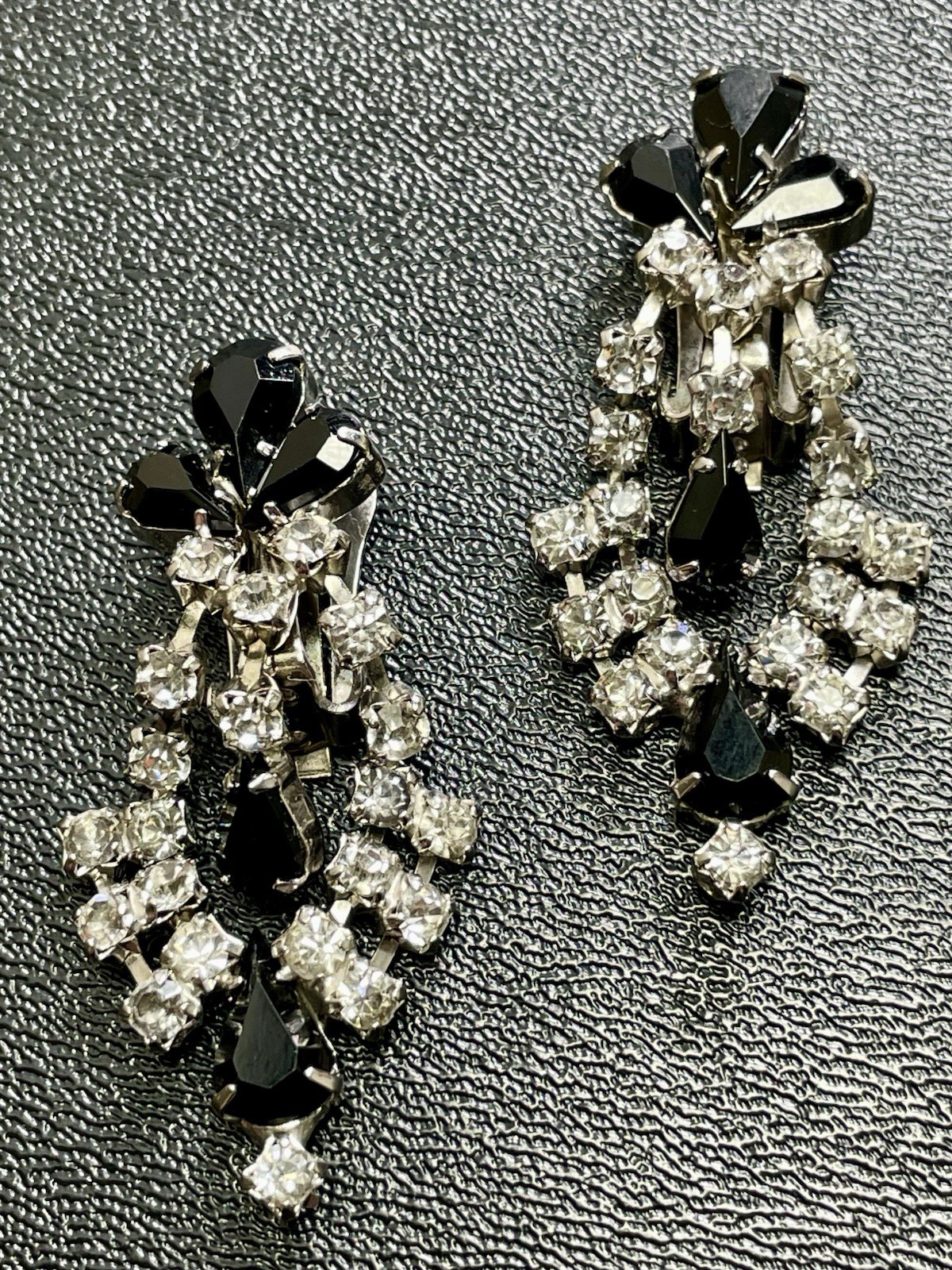 Vintage 2” High End Black Crystal Rhinestone Silver Tone Dangle Clip Earrings