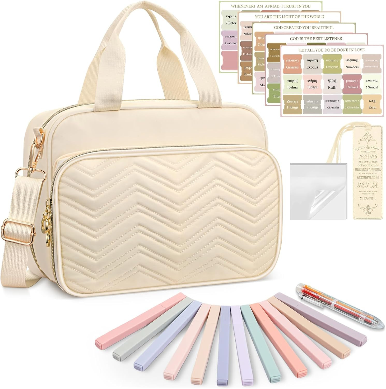 Elegant Bible Cover Case for Women with Shoulder Strap - Beige