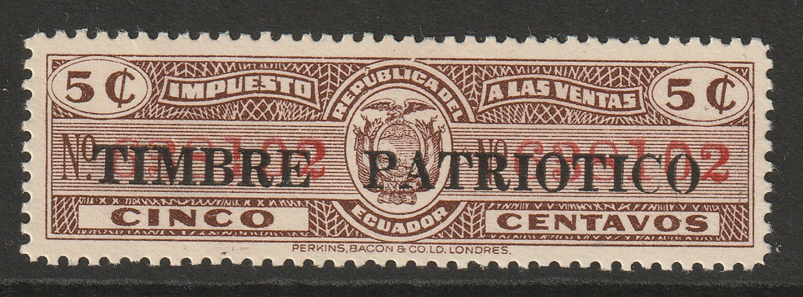 Ecuador 1900s 5c Patriotic Tax Stamp MH / Light Gum Crease  - S42474