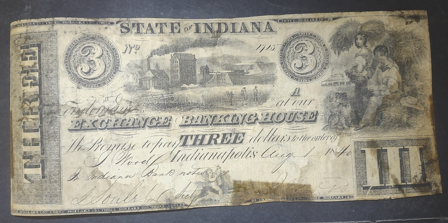 1840 $3 Obsolete Banknote Indianapolis Indiana Exchange Banking House