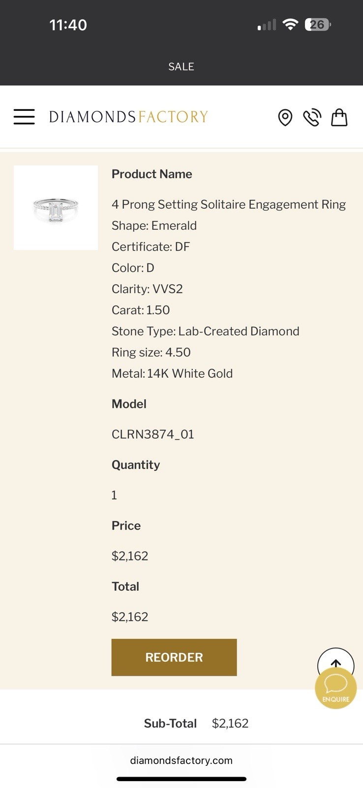 Diamonds Factory Emerald Lab Diamond 1.50ct VVS2 D 14K White Gold Lab Created