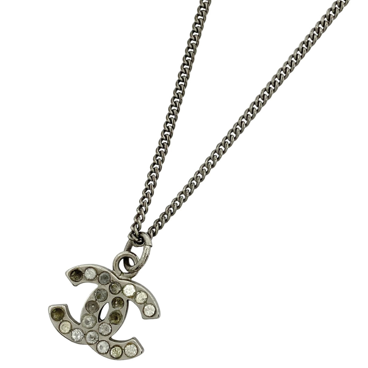 CHANEL Coco Mark Rhinestone Necklace Pendant Necklace Silver Plated Silver Ladie