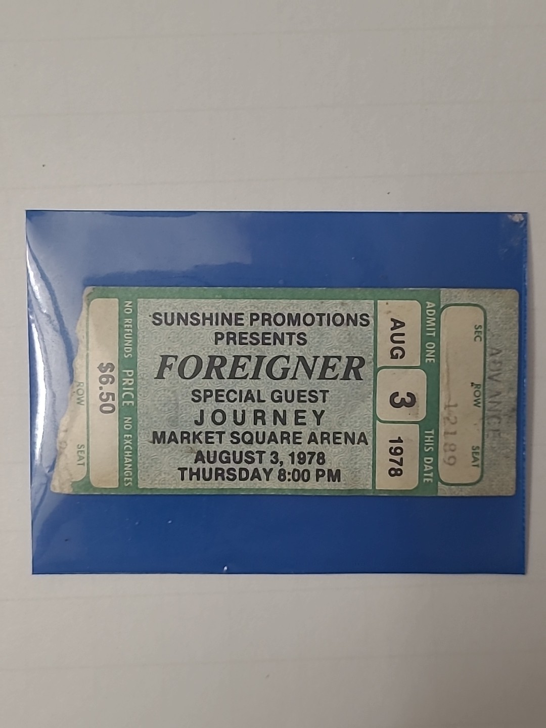 Vintage 1978 FOREIGNER Ticket Relic,Market Square Arena Indianapolis Indiana.