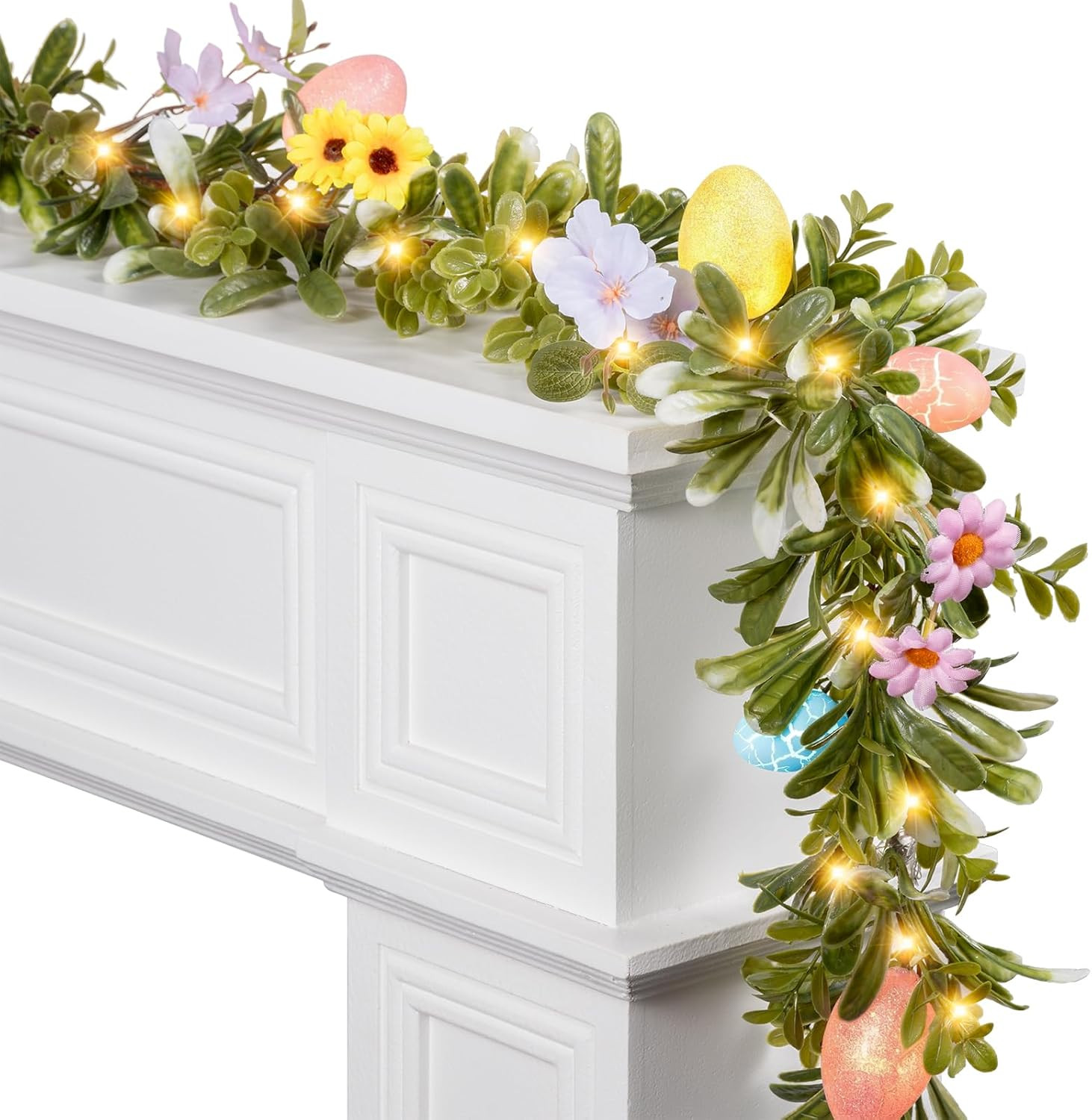 6 FT Pre-Lit Easter Garland with 20 LED Lights & 8 Mode Timer, Lighted Pastel Ea