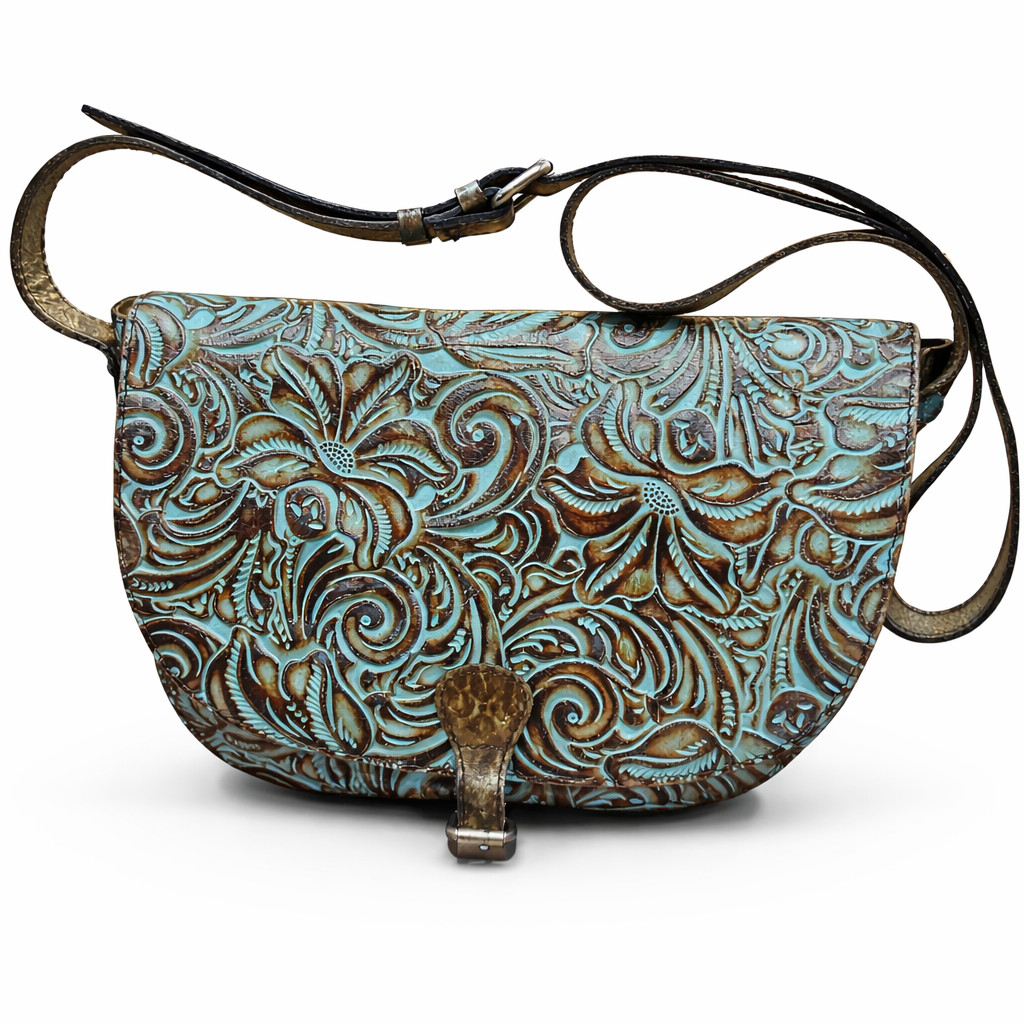 Patricia Nash Rosolini Tooled Leather Saddle Bag Turquoise Brown Boho Crossbody