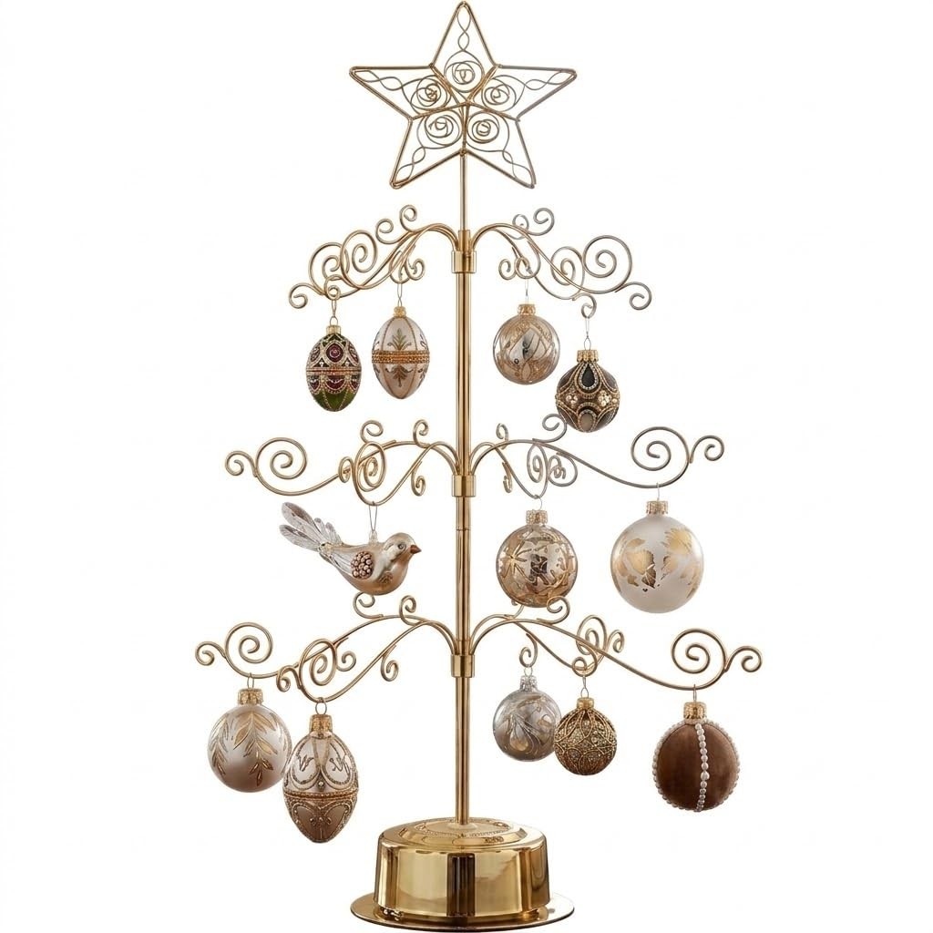 HOHIYA Rotating Ornament Display Tree Stand 24 Inch Metal Wire Hook Gold 