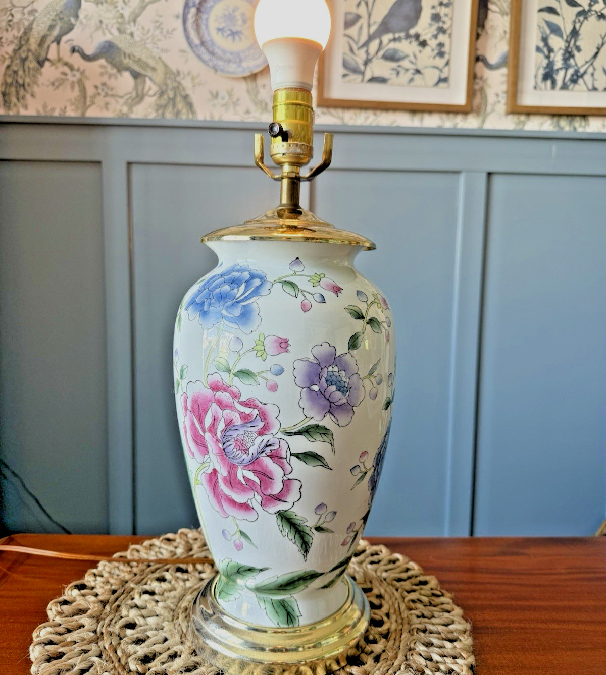 Vintage Ceramic Ginger Jar Lamp Floral Chinoiserie Pink Blue Purple Gold Base 17