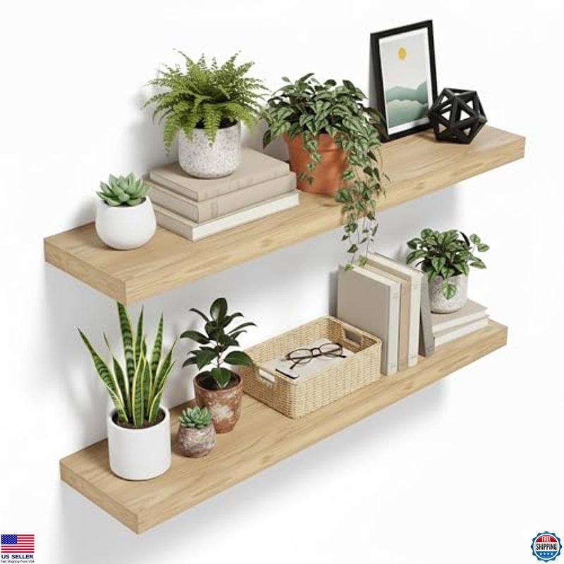 Lufia Set of 2 Floating Wall Shelves - Modern Oak MDF, Hidden Brackets, 28" W