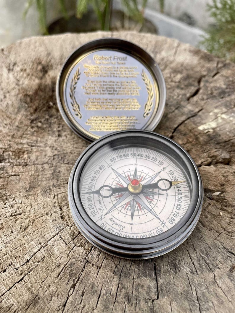 Robert Frost Engraved Compass "The Road Not Taken" Brass Pocket Compass 2 Inch