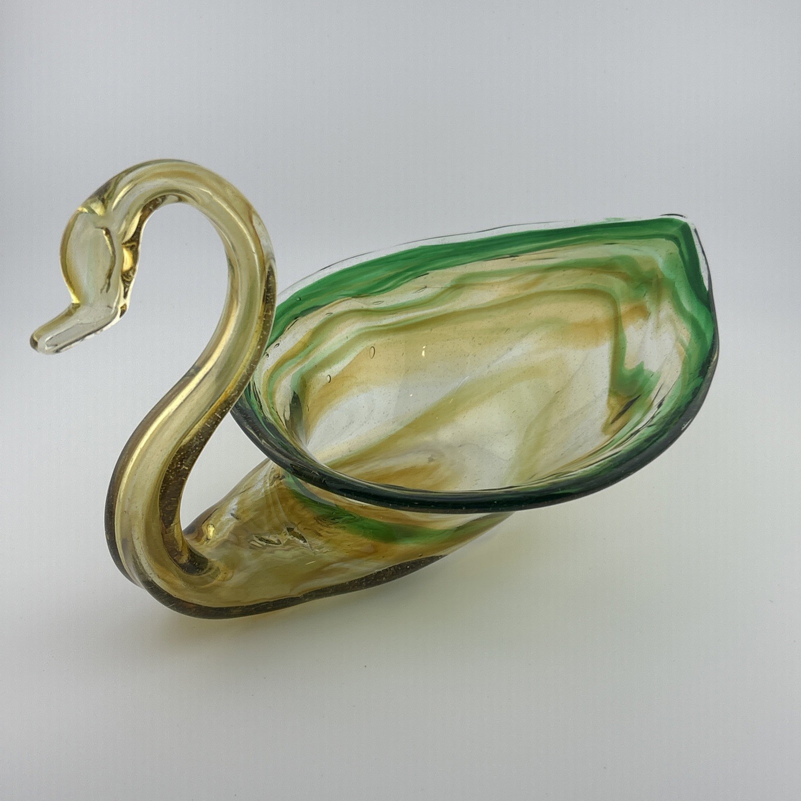 VTG  Stretch Art Blown Glass Swan Candy or Trinket Dish, Green/Yellow Swirls